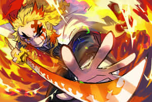 火紅頭髮的動漫角色以爆炸性動作姿勢揮舞火焰劍。 — 煉獄 GIF 壁紙