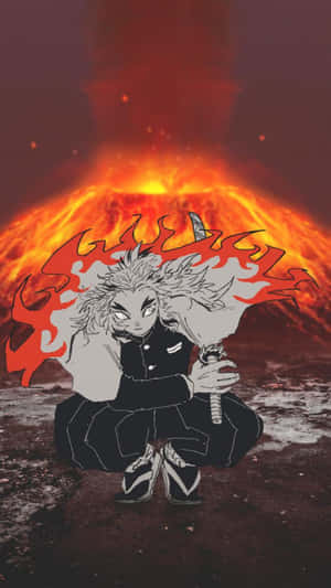 火紅頭髮的動漫角色跪在火山爆發前。 — 煉獄 GIF 壁紙