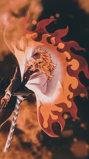 火紅頭髮和火焰的動漫戰士在黑暗煙霧場景中揮舞劍。 — 煉獄 GIF 壁紙