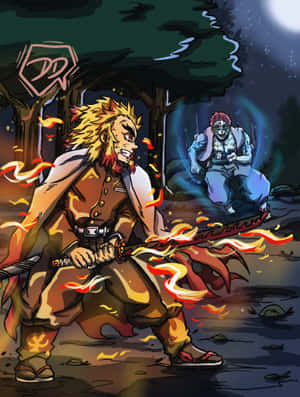 惡魔獵人手持火焰劍在月光下的森林中與幽靈般的對手戰鬥。 — 動漫打鬥 壁紙