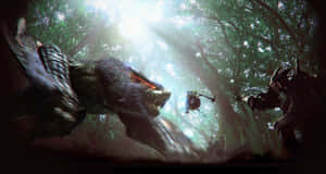 獵人在陽光明媚的森林中與巨獸搏鬥，光線穿過樹木 — 魔物獵人 壁紙