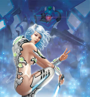 身穿發光裝甲的賽博龐克動漫女性，手持刀和和平手勢。 — Galaxy Z Flip 8 壁紙