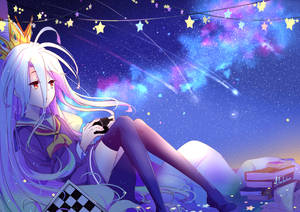 戴皇冠的動漫女孩坐在雲端上，背景是星空，手持電話 — 遊戲人生 GIF 壁紙