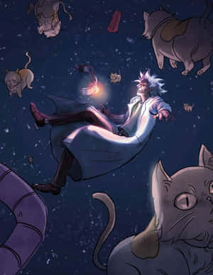 一位科學家在滿天星斗的宇宙場景中與貓咪一起漂浮。
