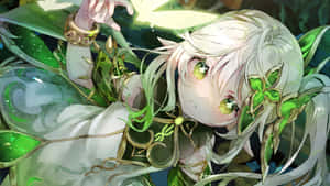 白髮綠眼的動漫少女，被發光的綠色藤蔓和葉子包圍。 — 東京喰種角色 壁紙