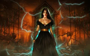 一位身穿黑色長裙的女巫站在火熱惡魔般的地貌中,伴隨著閃電。