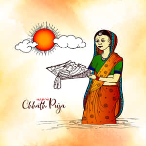 穿著紗麗的女性在 Chhath Puja 節日期間，在陽光下於水中拿著托盤。 — 宗教 壁紙