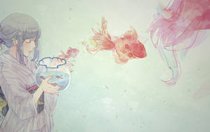 穿和服的女孩在夢幻水彩世界中放生金魚。 — 繪畫 壁紙