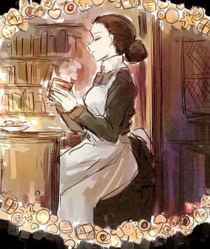 穿圍裙的女性在壁爐旁喝茶，帶有餅乾邊框 — 小米Mix Flip 2 壁紙