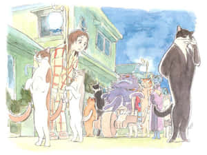 穿著浴衣的女孩在色彩繽紛的街道上被擬人化的貓咪包圍。 — 可愛貓咪 壁紙