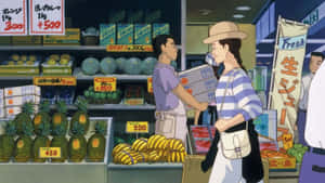 女士在日本雜貨店與店主一起購買水果。 — 五條悟 壁紙