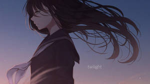 暮色中穿著水手服的動漫女孩，飄逸的頭髮和星空背景。 — 悲傷女孩 壁紙
