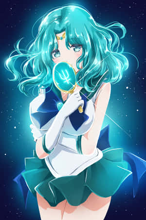 青綠色頭髮動漫女孩在星空下拿著發光的月亮粉盒。 — 美少女戰士 壁紙
