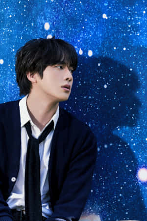 穿著開襟毛衣和領帶的年輕男子仰望星空藍色背景。 — 成振宇 壁紙