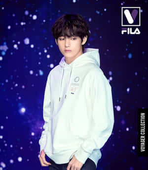 穿著淺色連帽衫的年輕男子，背景是星空宇宙，帶有FILA標誌。 — 防彈少年團 合照 壁紙
