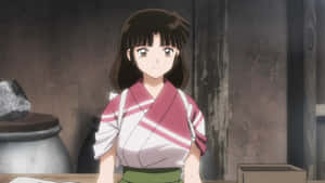 穿著粉紅色和服的動漫女孩站在質樸的木屋裡 — 武士Champloo 壁紙