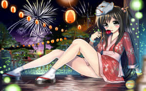 穿著紅色和服的動漫女孩在夜間燈籠和煙火下吃櫻花糖果。 — 16:10 壁紙