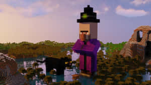 Minecraft女巫與黑貓站在水中日落 — 女巫 GIF 壁紙