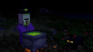Minecraft女巫在夜晚與黑貓一起攪拌發光的大鍋 — 女巫 GIF 壁紙