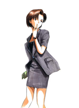 動漫女性穿著細條紋西裝，手靠近嘴邊 — 靚靚動畫 壁紙