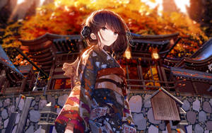 動漫女孩穿和服在秋天的神社，落葉飄飄 — 動漫女孩 壁紙
