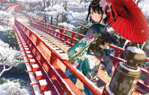 動漫女孩穿和服在雪橋上持紅傘 — 動漫女孩 壁紙