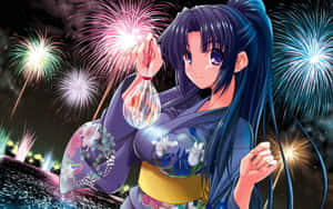動漫女孩穿和服在煙火下提燈籠 — 魔法少女小圓 壁紙