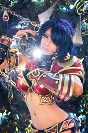穿著紅金奇幻盔甲的cosplayer在黑暗森林中手持骷髏。 — 2:3 壁紙