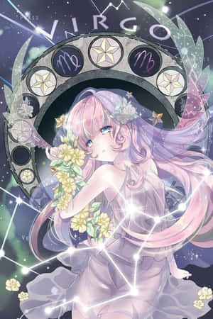 粉紅色頭髮、擁有星之翼的動漫女孩，在處女座星座輪附近手持黃色花朵。 — 星座 壁紙