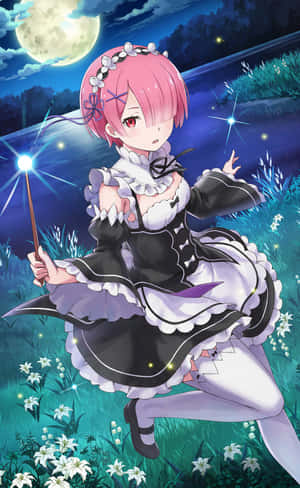 月光下花田裡手持魔杖的粉紅髮動漫女僕女孩。 — Galaxy Z Fold 8 壁紙