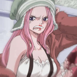 粉紅髮動漫女孩床上戴綠帽生氣流汗 — 珠寶 GIF 壁紙