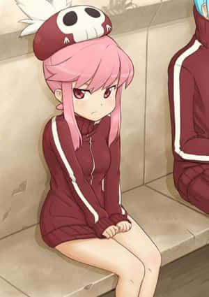 粉紅色頭髮的動漫女孩穿著栗色運動服，戴著骷髏帽，悲傷地坐在石凳上。 — 火影忍者美學 壁紙