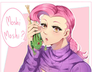 粉紅色頭髮的動漫女孩拿著綠色青蛙問『Moshi Moshi?』 — 5:4 壁紙