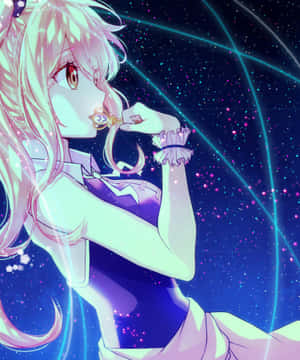 粉紅色頭髮的動漫女孩在星光宇宙場景中拿著發光的鑰匙。 — 伊莉莎白·里昂尼斯 GIF 壁紙