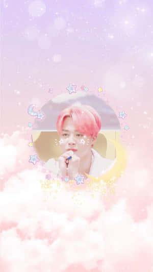 粉紅色頭髮的年輕男子在月亮框架中，周圍是星星和雲朵。 — Jimin GIF 壁紙