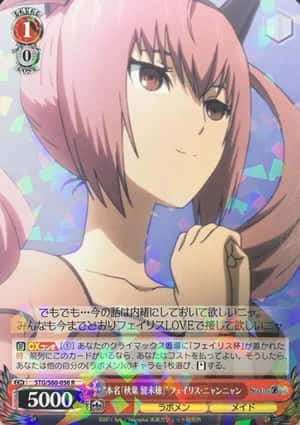 粉紅色頭髮和貓耳的動漫女孩在遊戲卡上微笑。 — 妮琪·米娜 壁紙
