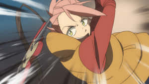 粉紅頭髮、綠色眼睛的動漫女孩揮劍跳躍。 — 可愛動漫頭像gif 壁紙