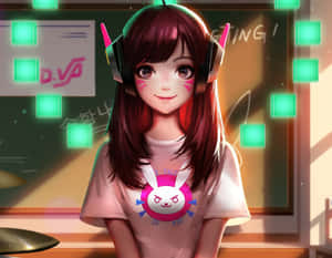 戴著遊戲耳機和兔子襯衫的動漫女孩在帶有綠色燈光的數位房間裡微笑。 — 鬥陣特攻 GIF 壁紙
