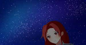 紅髮動漫女孩仰望星空夜空。 — 精緻美觀 壁紙