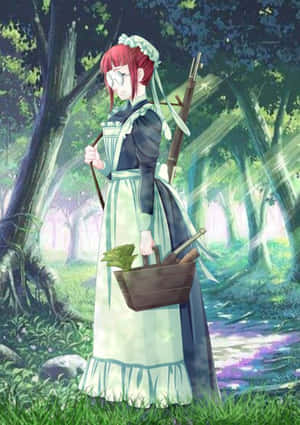 紅髮動漫少女穿著女僕裝，在發光森林中拿著籃子和步槍。 — 夏天 壁紙