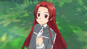 紅髮動漫少女穿校服在綠色田野微笑 — 16:9 壁紙