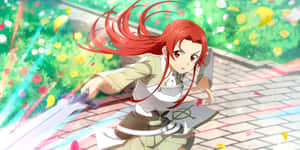 紅髮動漫少女在色彩繽紛的公園中揮舞發光的劍。 — 春天 壁紙