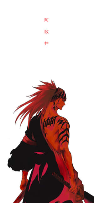 紅髮動漫戰士帶有紋身，身穿黑色盔甲手持劍。 — OnePlus Open 壁紙