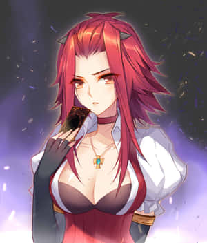 紅髮貓耳動漫女孩在發光紫色場景中手持卡片。 — Galaxy Z Fold 6 壁紙
