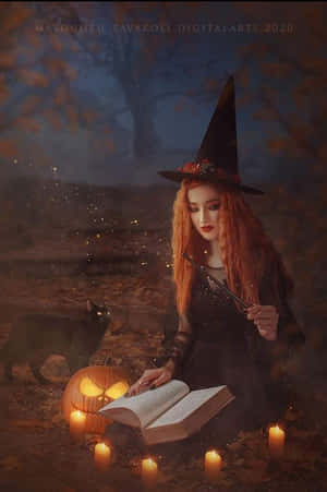 女巫在秋林中與南瓜和蠟燭一起閱讀魔法書。 — 女巫 GIF 壁紙