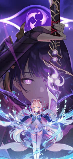 紫髮、眼睛發光的動漫戰士，將劍高舉在一個較小的發光女孩上方。 — Moto E15 壁紙