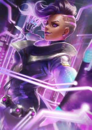 一位紫髮、身穿發光科技裝甲的 cyberpunk 戰士，身處霓虹燈光數位環境中。 — 鬥陣特攻 GIF 壁紙