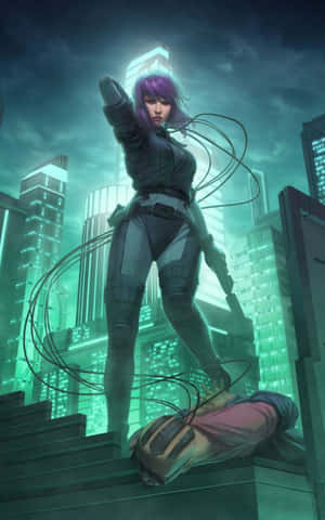 紫髮動漫女主角在霓虹城市中揮舞發光纜線。 — Nubia Flip2 壁紙