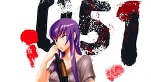 紫髮動漫女孩在紅色和黑色噴濺藝術中手持步槍。 — 暗殺教室 壁紙