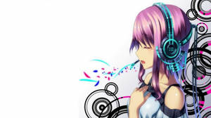 戴耳機的動漫女孩在抽象漩渦中呼出音樂音符 — 音樂美學 壁紙
